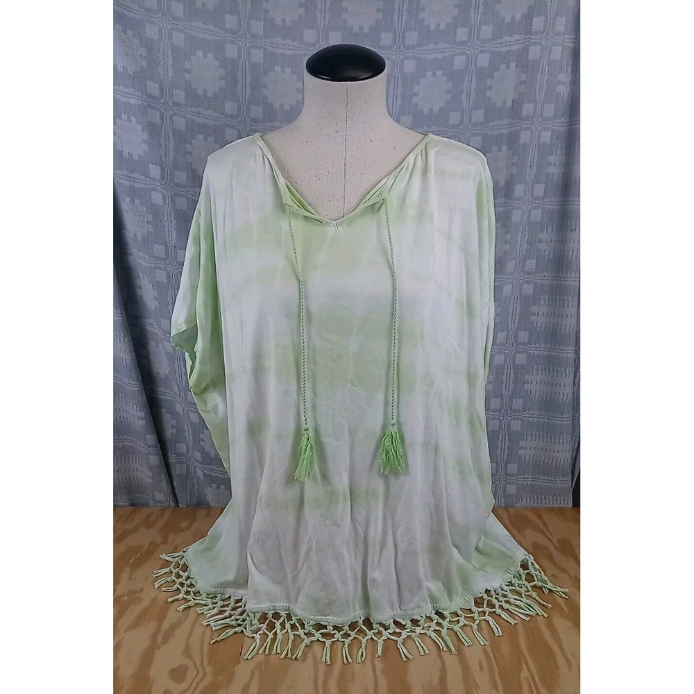 Chaps Green Tie Dye‎ Poncho Top Women's Size Medium Tassel Beach Cover up Shirt